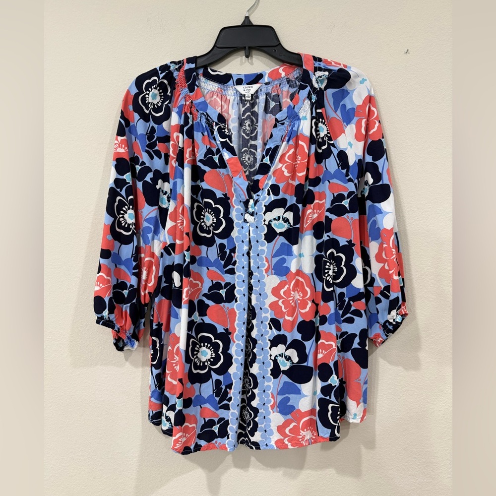 crown & ivy Floral Split-Neck Blouse in Navy, Coral & Light Blue